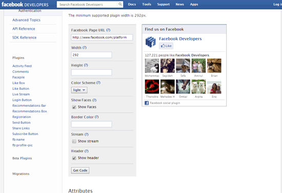Facebook developers like box plugin page