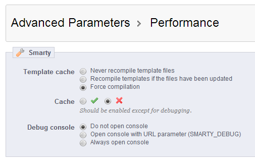 prestashop advanced parameters performance force compilation