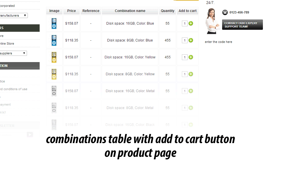 Image 27: Product page combinations table