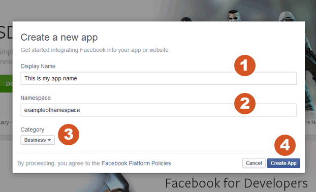 Facebook app creation form