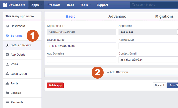 facebook app settings page