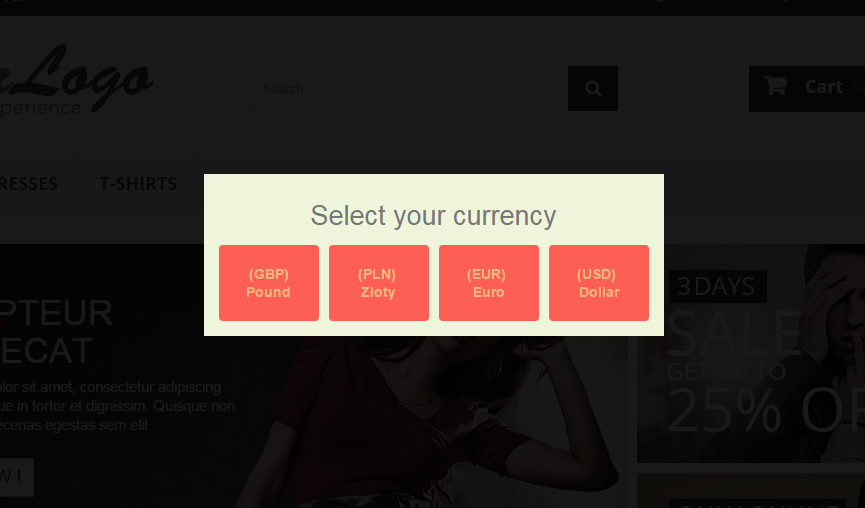 PrestaShop popup currency selection