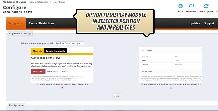 Image 22: Product page combinations table