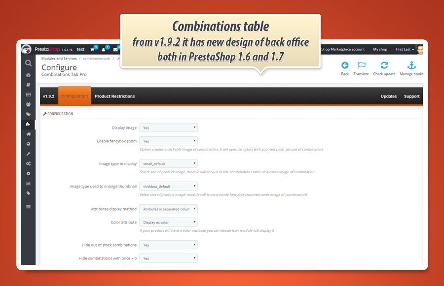 Image 8: Product page combinations table