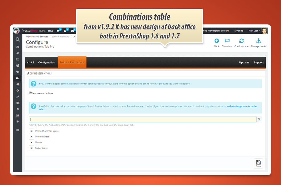 Image 7: Product page combinations table