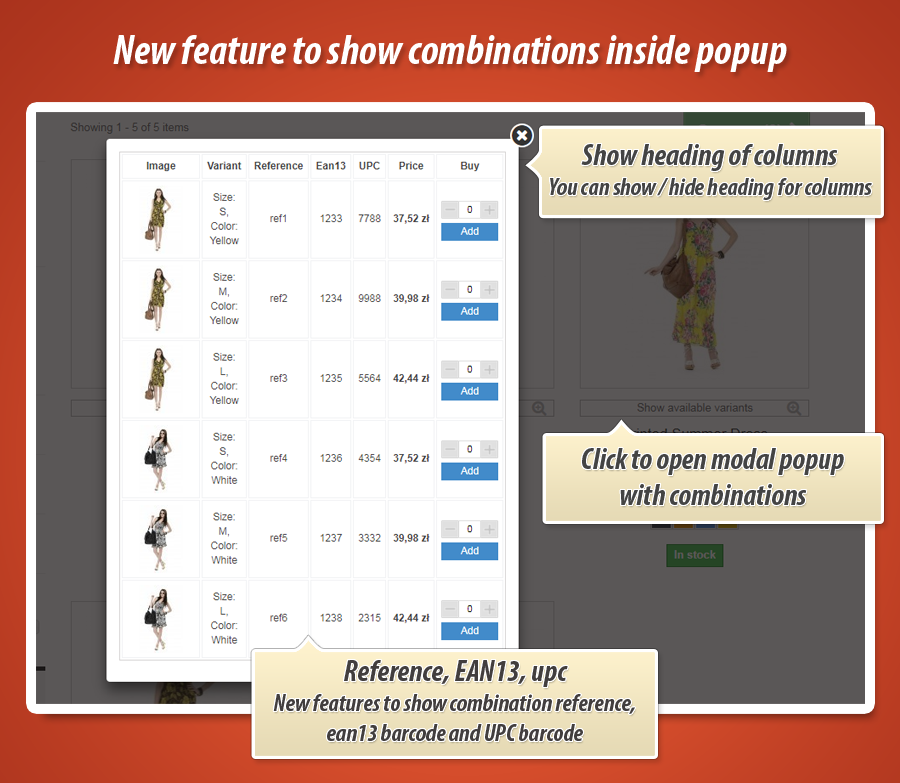 Layout of module to show combinations on list of products