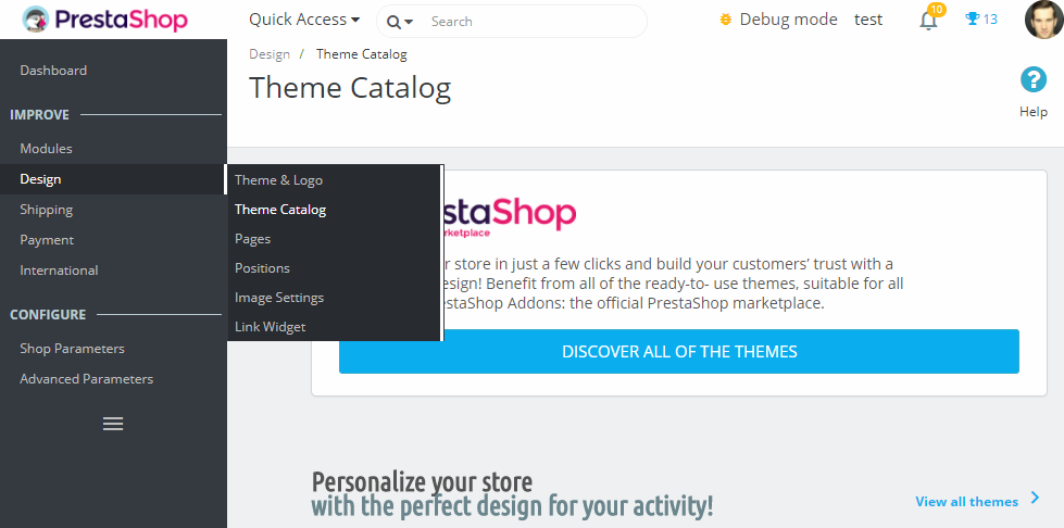 themes catalog in shop back office