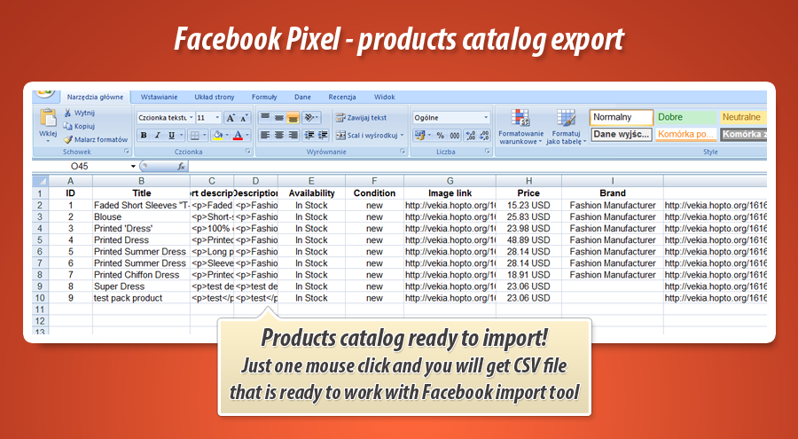 Foto 11: Exportar catálogo para anuncios dinámicos de píxeles de Facebook