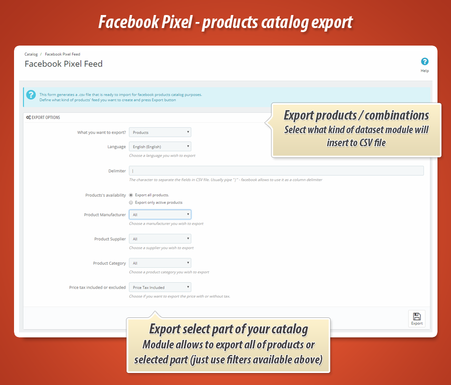 Foto 12: Exportar catálogo para anuncios dinámicos de píxeles de Facebook