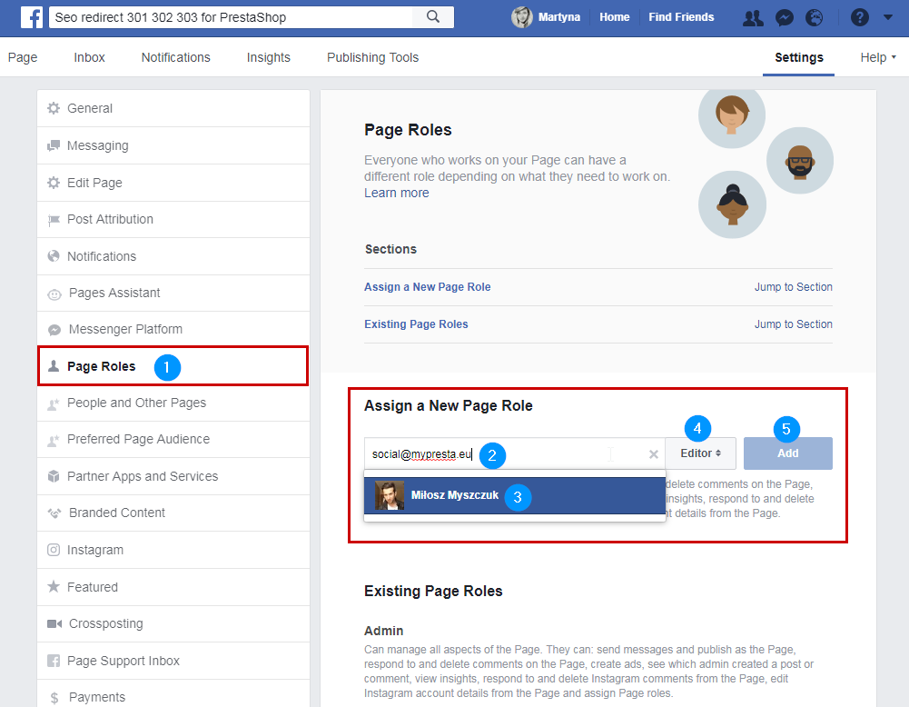 grant page role facebook shop app