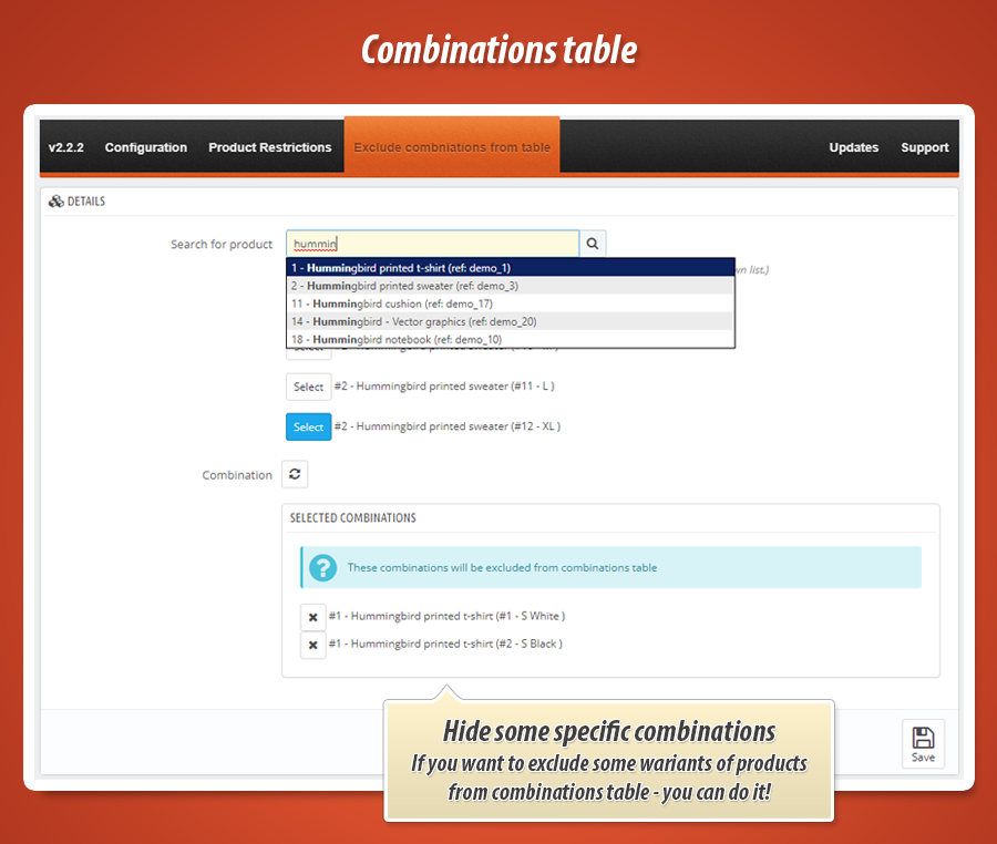 Image 4: Product page combinations table