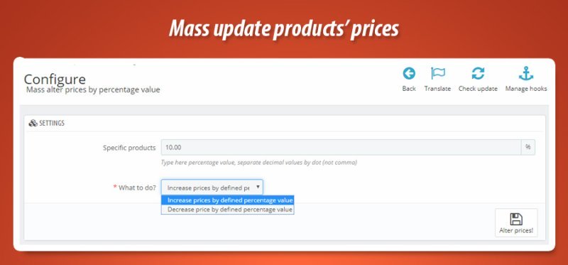 Mass alter prices by percentage value - module configuration in PrestaShop back office