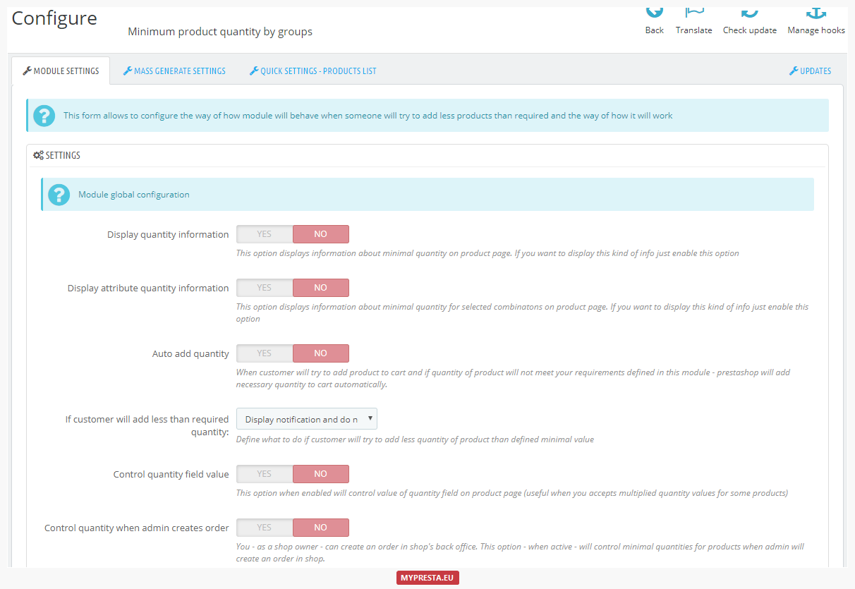 main settings minimal quantity