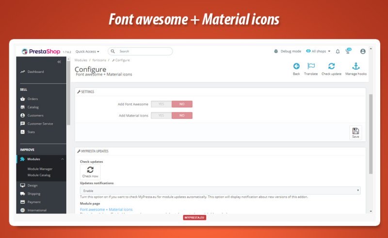 Konfiguracja modułu Font Awesome i Material Icons w panelu administracyjnym PrestaShop