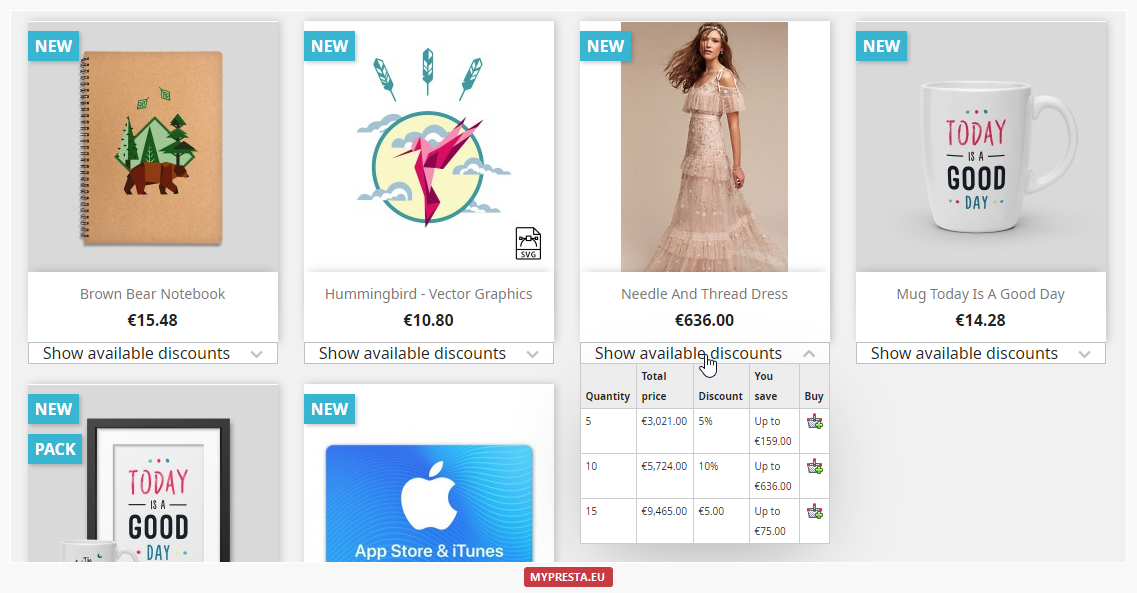 product list quantity discounts dropdown