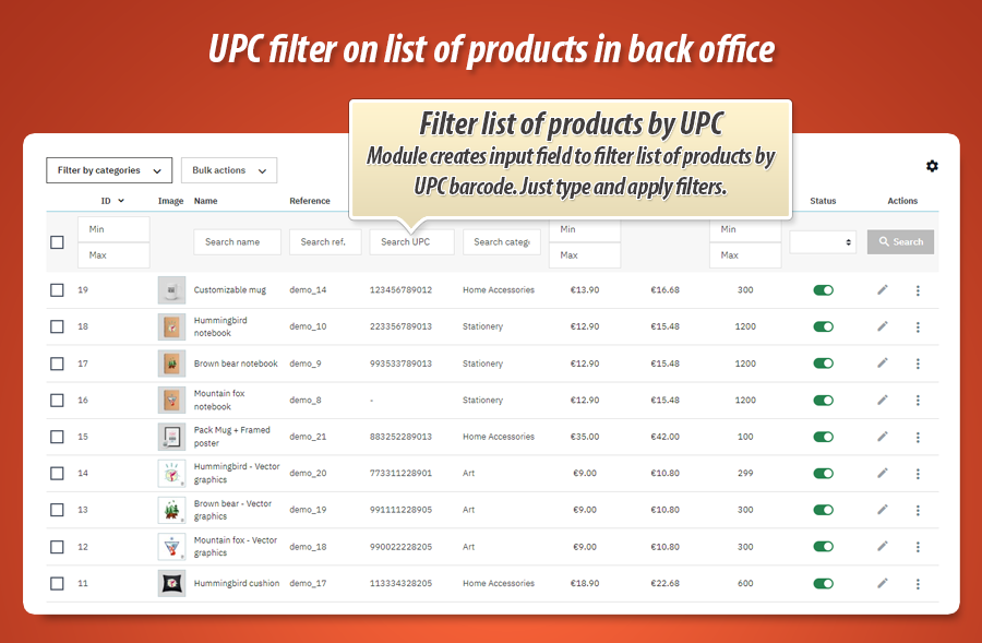 Foto 2: Filtro UPC nell elenco prodotti nel back office