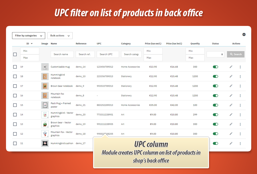 Foto 1: Filtro UPC nell elenco prodotti nel back office