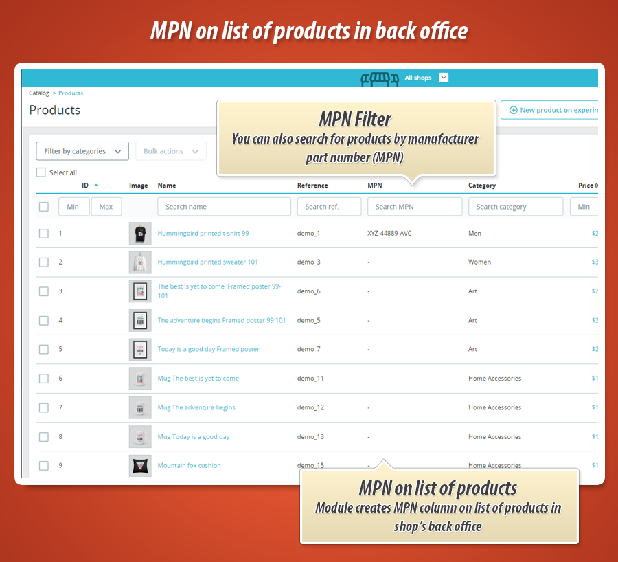 Photo 1: Filtre MPN liste produits back office