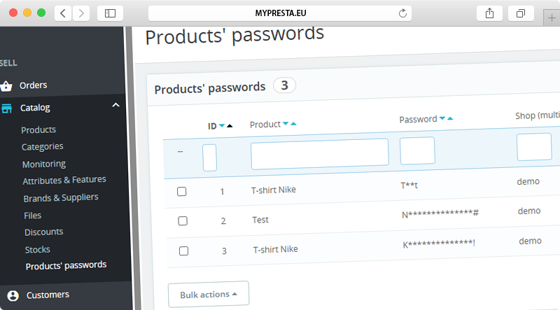 new menu item in PrestaShop back office for managing product passwords