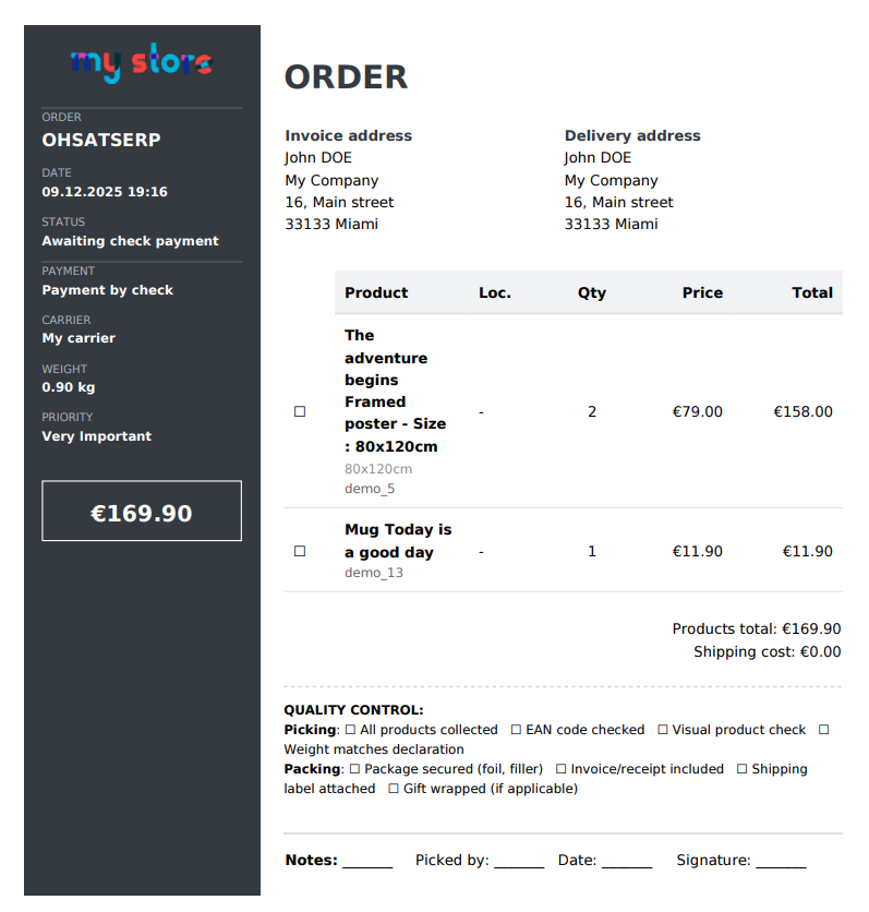 PrestaShop Order Export PDF Example