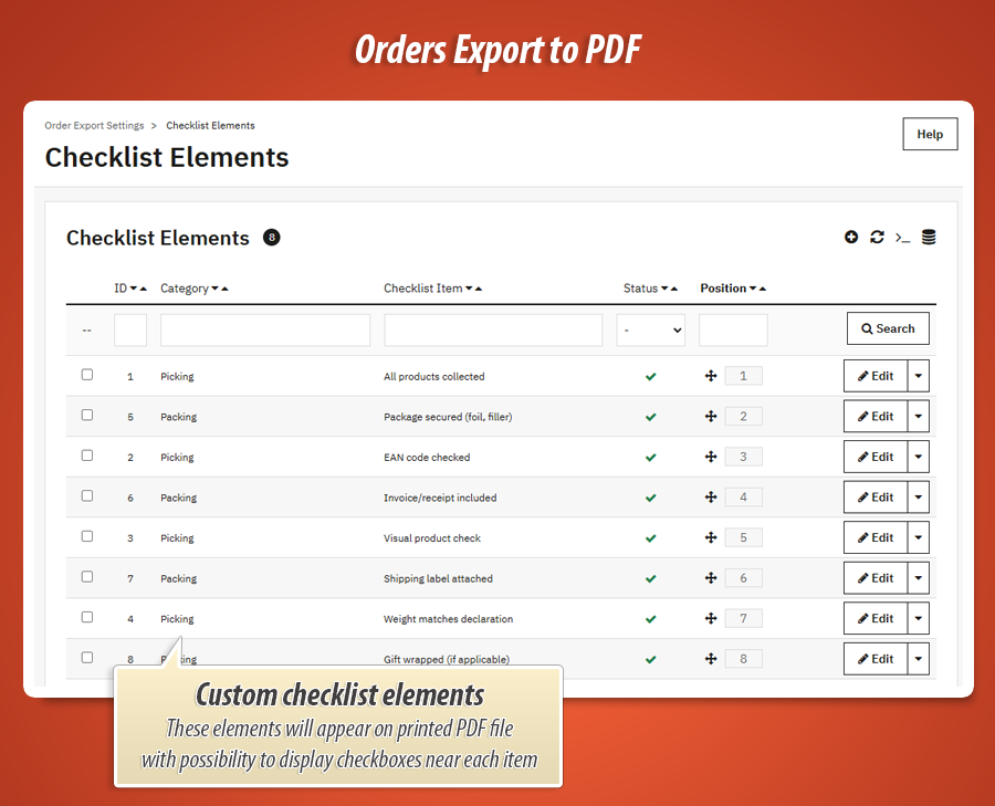 Image 7: Order PDF Export & Warehouse Checklist