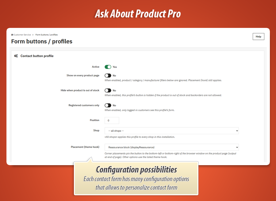 Profielbewerkingsscherm met targeting, plaatsing, weergavemodus, content opties