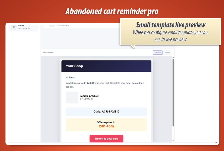 Foto 7: Abandoned Cart Reminder Pro – Drip-E-Mails, Rabattcodes & ROI