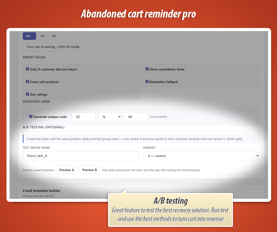 Foto 12: Abandoned Cart Reminder Pro – Drip-E-Mails, Rabattcodes & ROI