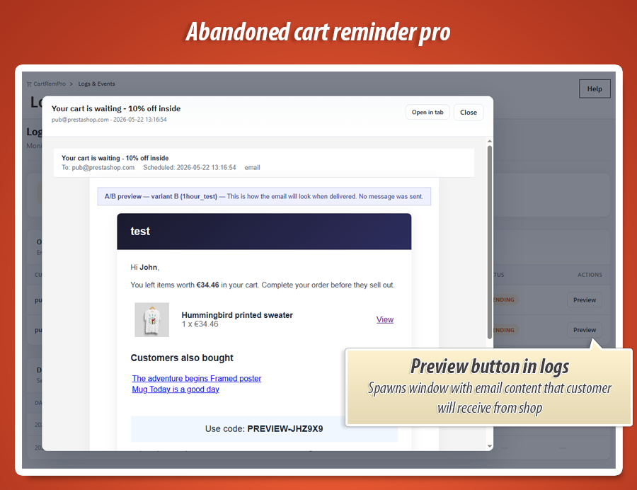Foto 5: Abandoned Cart Reminder Pro – Drip-E-Mails, Rabattcodes & ROI