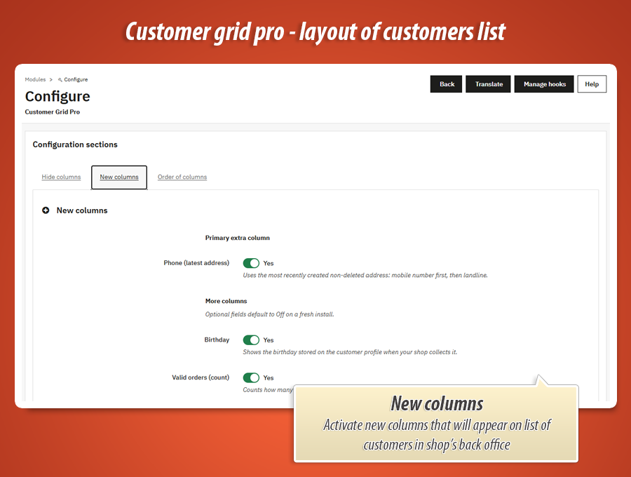 Foto 2: Customer Grid Pro – colunas e layout da lista de clientes