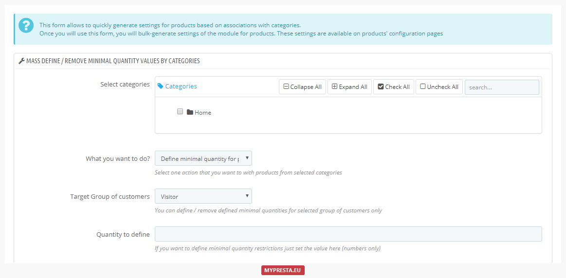 mass generate settings minimal quantity