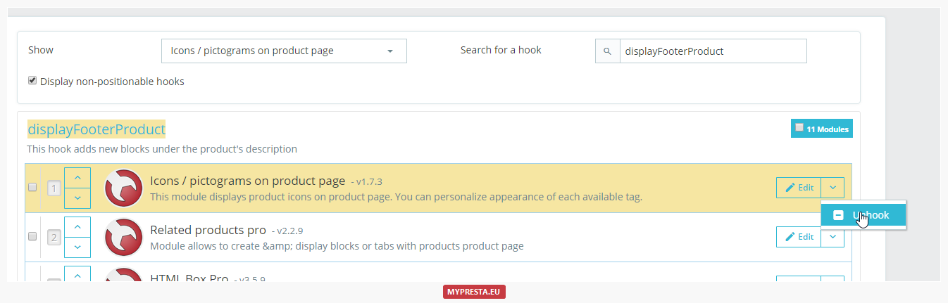 display footer product - unhook icons module